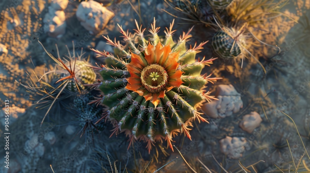 Poster top view of a blooming cactus flower in a desert landscape.