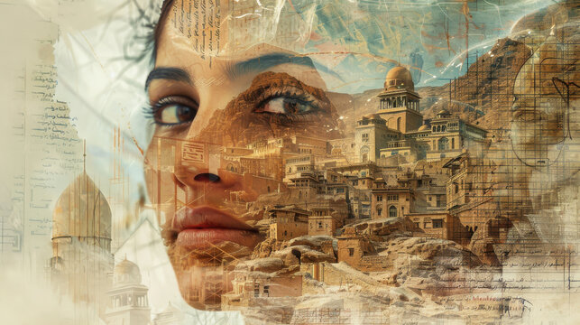 Dreamlike digital collage with a giant woman's face merging into scenes from Islamic and ancient Egyptian eras, showcasing luxurious Islamic architecture,