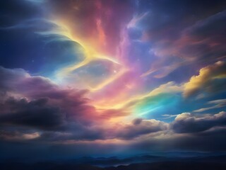 Obraz premium A breathtaking, cinematic photograph showcasing a vibrant rainbow celestial sky at nighttime, with swirling clouds of iridescent hues, ranging from soft pastel pinks and blues Generative AI