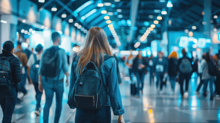 Dynamic image of a tech job fair where candidates are exploring AI career options. Highlight job listings and resumes,
