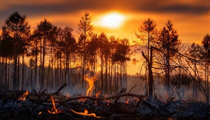 Fototapeta premium Forest Fire at Sunset: Nature's Destructive Beauty