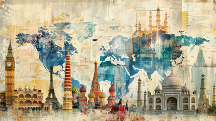 Fototapeta premium Dynamic patchwork of renowned landmarks with a faded, vintage travel map as the backdrop