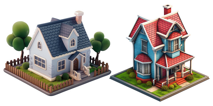 set of cute colonial residential house model. 3D cartoon animation style.