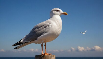 Obraz premium Seagull Perched on a Post Against Blue Sky.
