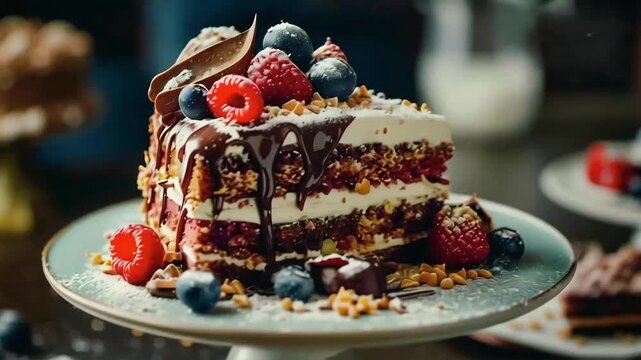 footage of slice of birthday cake with a blue berry topping