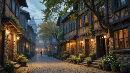 Fototapeta premium Cobblestone Street with Old Buildings and Warm Lights at Dusk