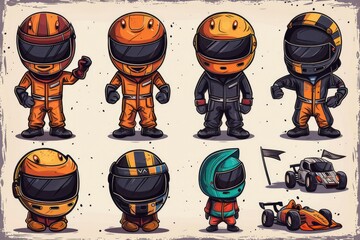 Cartoon Racing Drivers and Cars Illustration Set
