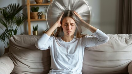 Obraz premium Woman feels dizzy and sits down on the couch. Young woman sitting on the sofa at home, feeling pain and a spinning sensation in her head. Concept of headache, vertigo, health problem, brain tumor