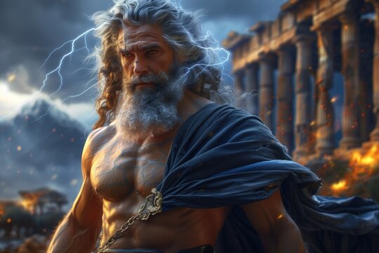 Supreme Deity: Zeus, Greek god of heavens, thunder and lightning, ruler of cosmos, chief of Olympian gods, equated with Jupiter in Roman mythology, embodying ultimate power, dominion over the world