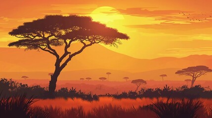 African landscape with tree silhouette. Savanna sunset background is very beautiful