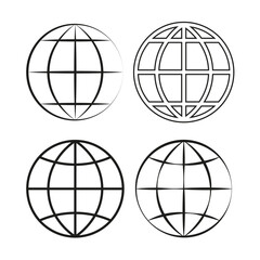 Globe icons set. Black and white. Simple line art. Vector illustration.