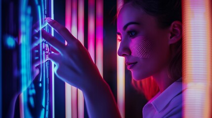 Biometric security network, privacy data protection. Woman fingerprint identification on mobile phone to access personal financial data, mobile banking app, cybersecurity technology