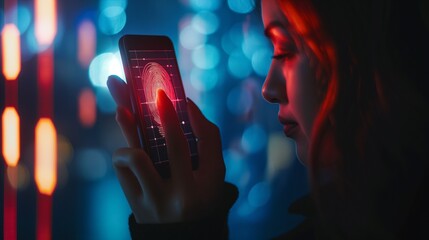 Biometric security network, privacy data protection. Woman fingerprint identification on mobile phone to access personal financial data, mobile banking app, cybersecurity technology