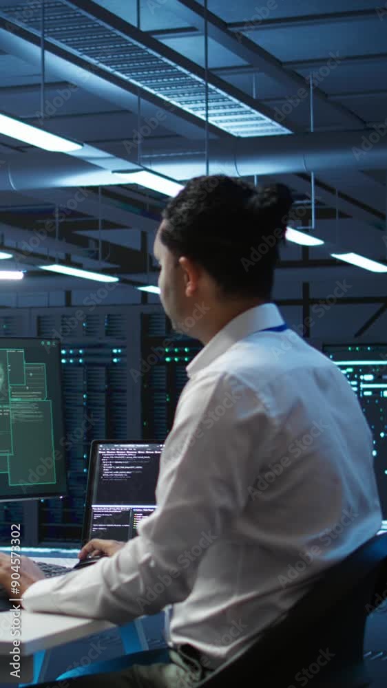 Poster vertical video team of technicians in server hub alerted by hacker passing firewall and stealing sen
