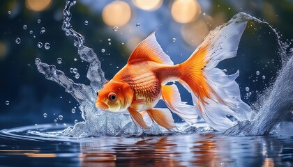 Goldfish Splashing in Water with Bubbles and Sparkling Background