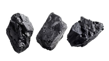 Three Pieces of Coal in Dynamic Mid-Air Flight: Isolated on White Background, Capturing the Movement and Energy of Floating Coal.