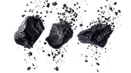 Three Pieces of Coal in Dynamic Mid-Air Flight: Isolated on White Background, Capturing the Movement and Energy of Floating Coal.
