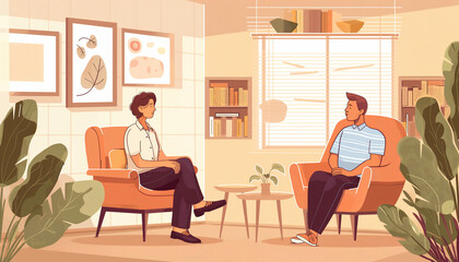 Two individuals sit comfortably in a cozy living room with warm lighting, surrounded by plants and books, engaged in a friendly conversation.