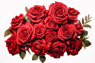 A vibrant bouquet of red roses with green leaves arranged in a beautiful cluster.