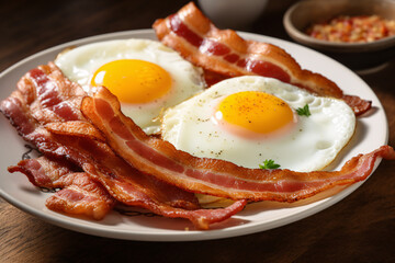 Close-up of two perfectly cooked sunny-side-up eggs with crispy bacon on a white plate.