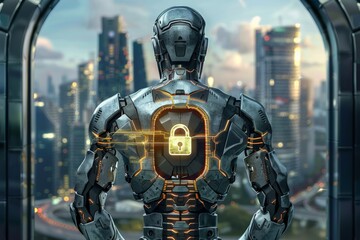 Naklejka premium Vast array of glowing blue padlocks in a cybernetic network, visualizing extensive digital security measures across platforms.