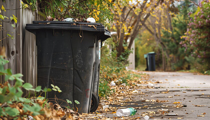 Obraz premium Garbage bins lined up on a leaf-strewn outdoor path with fallen leaves and scattered trash, highlighting environmental and community cleanliness concerns.