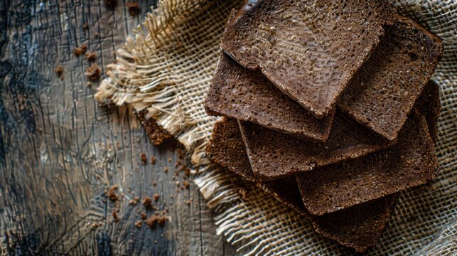 Top view of pumpernickel bread slices on a rustic tablecloth