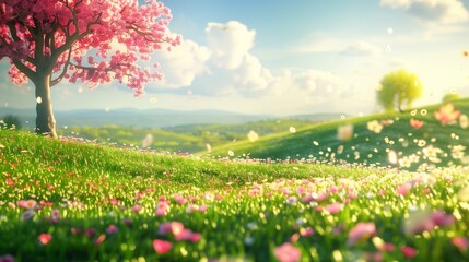 Fototapeta premium Picturesque Spring Meadow Landscape with Blossoming Cherry Tree and Colorful Flowers