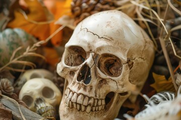 Realistic Human Skull Surrounded by Autumn Leaves and Decorative Elements in a Seasonal Display