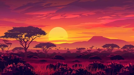 African landscape with tree silhouette. Savanna sunset background is very beautiful