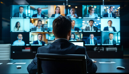 Male professional in a virtual conference with diverse colleagues on a multi-screen display, highlighting remote collaboration and modern workplace technology.