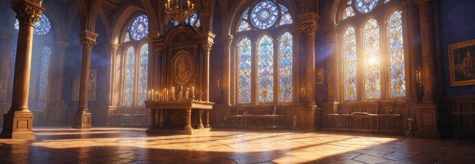 Fototapeta premium Sunbeams Through Stained Glass Windows In a Gothic Cathedral.