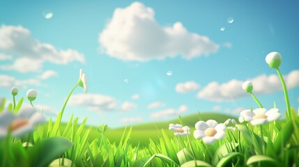 Obraz premium Sunny Spring Field with Blooming Daisies under Blue Sky - Beautiful Nature Illustration