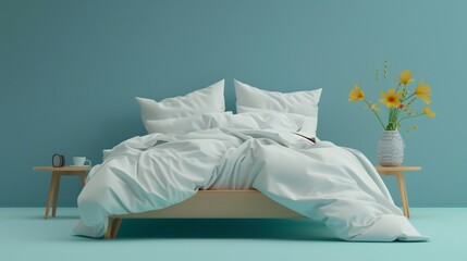 Minimalist Bedroom Interior with White Bed and Yellow Flowers