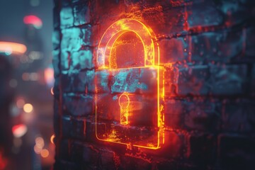 Obraz premium Fiery padlock on a digital background, depicting the intense protection of critical data assets.