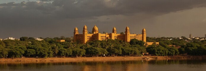 Naklejka premium Majestic Yellow Building on the Riverbank.