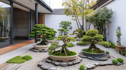 A serene bonsai garden showcasing beautifully shaped trees in a tranquil setting, perfect for relaxation and meditation.