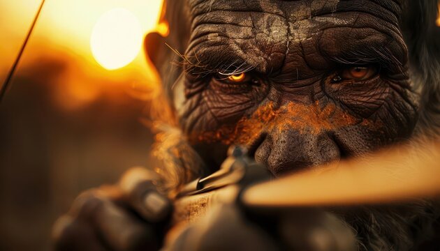Early humans hunting with primitive weapons, Vintage, Sepia tones, Photography