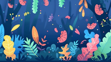Garden ecosystem, bacteria interacting with flora and falling leaves, flat design illustration