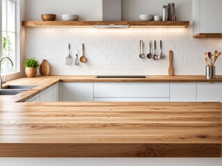 kitchen table background, wood counter top on blur of white clean abstract home interior with bokeh. used for product display or montage your wooden for dining background. table banner, podium