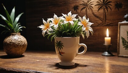 Obraz premium White Flowers in a Mug on a Wooden Table.