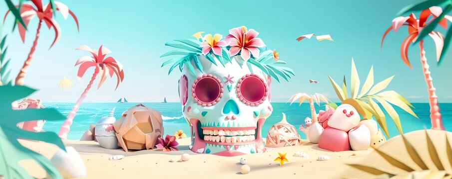 3D skull with tropical decorations, located on a sunny beach, cute style, flat design illustration