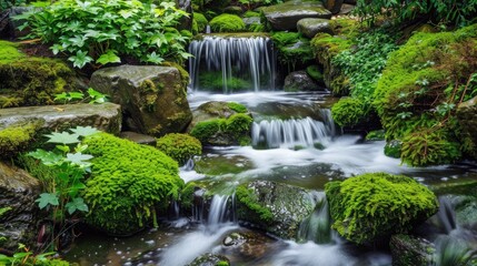 Naklejka premium A tranquil scene of a cascading stream surrounded by lush green moss and rocks, ideal for relaxation and nature enthusiasts.