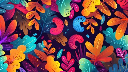 Microscopic world, bacteria on garden plants with autumn leaves, flat design illustration