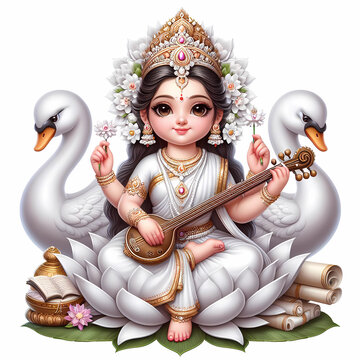 Cute illustration of Goddess Saraswati devi with veena in her hand sitting on white lotus with 2 swans, Happy Vasant Panchami Indian festival Hinduism with copy space