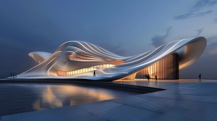 Abstract architectural form with flowing lines and organic shapes illuminated at night
