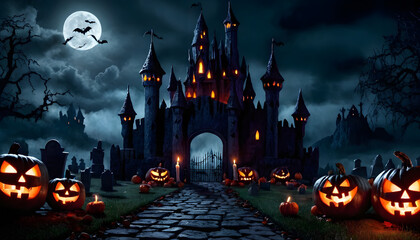 A spooky Halloween scene featuring a dark castle with glowing windows, surrounded by carved pumpkins and a graveyard. The moon is full, casting eerie shadows, and bats fly in the night sky.