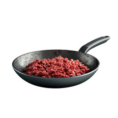 Beef ground meat sizzling out from a skillet, on a transparent background.