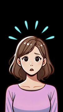 Taken aback. A surprised and confused young woman. Sweat drops jumping out above her head. A common expression in Japanese manga animation.　Transparent background.