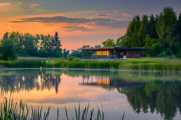 Fototapeta premium Solitude by the Lake: Mid-Century Modern House at Sunset Reflecting Peace and Architectural Elegance in Nature